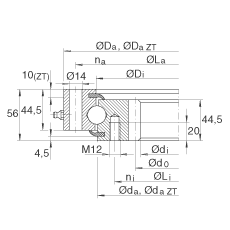 四點接觸球軸承 VSI200844-N, 標準系列 20， 內(nèi)部的齒輪齒，兩側唇密封