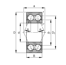 角接觸球軸承 3816-B-TVH, 雙列，接觸角 α = 25°