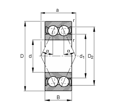 角接觸球軸承 3810-B-2RSR-TVH, 雙列，雙側(cè)唇密封，接觸角 α = 25°