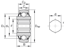 外球面球軸承 SK102-207-KRR-B-AH10, 球面外圈，內(nèi)圈帶六角形孔，兩側(cè) R 型密封